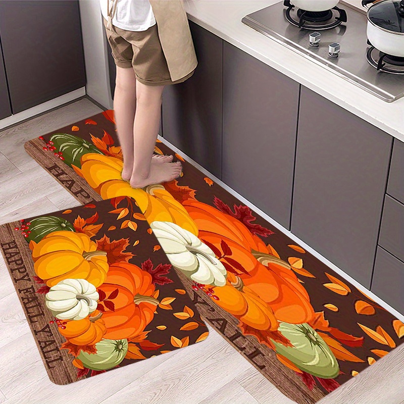 

1pc Polyester Kitchen Rug - Autumn Harvest Thanksgiving Theme With Pumpkin Maple Leaf Pattern - Soft Non-slip Floor Mat For Kitchen & Bathroom Decoration - Machine Washable