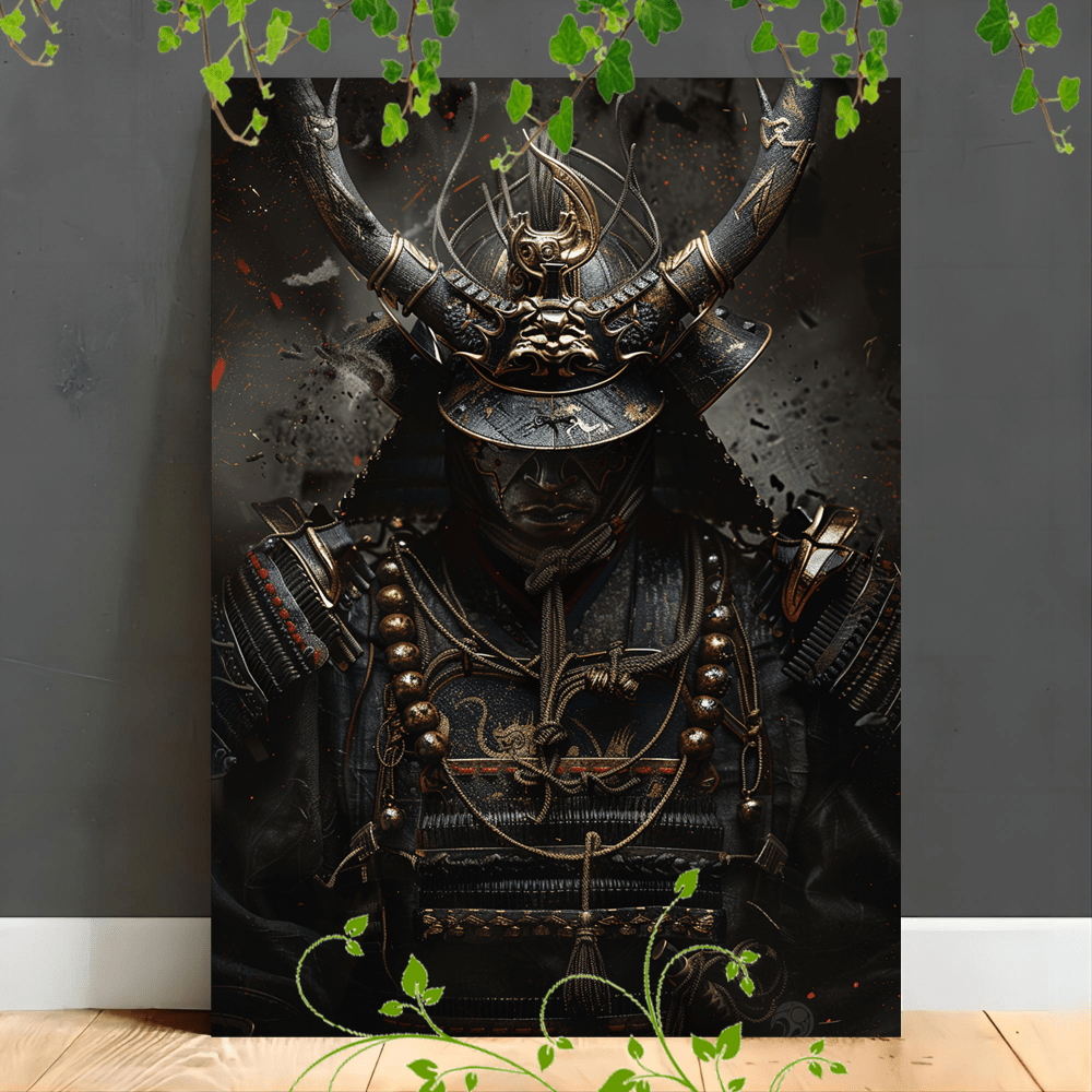 

1pc Wooden Framed Canvas Painting Artwork Very Suitable For Office Corridor Home Living Room Decoration Fierce Samurai Warrior, Intricate Armor, Horned Helmet Dark And Menacing, Ancient Battlefield, W