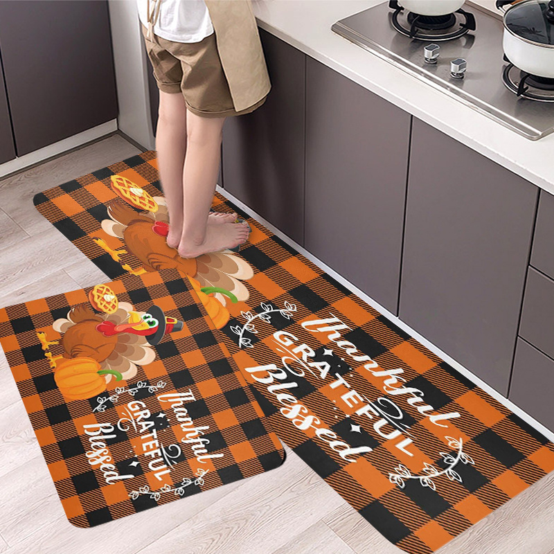 

Thanksgiving Kitchen Rug - 1pc, Polyester, Non-slip Soft Floor Mat With Turkey And Pumpkin Design, Machine Washable, Autumn Harvest Home Decor For Kitchen And Bathroom