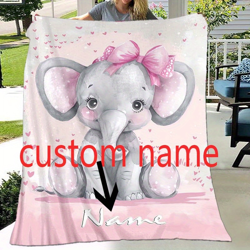 

Custom Name Cute Elephant Flannel Throw Blanket - Personalized Animal Pattern Woven Polyester, All-season Cozy Sofa And Bed Cover, Digital Print Lightweight Warmth, Ideal Birthday Or Holiday Gift