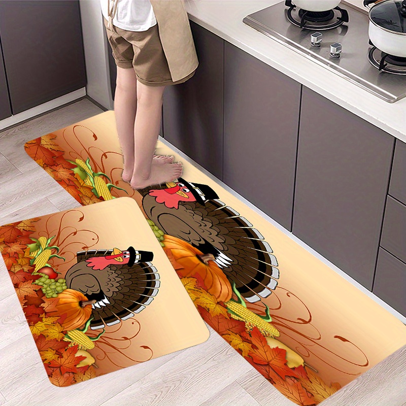 

Autumn Harvest Thanksgiving Kitchen Rug - 1pc Polyester Non-slip Mat With Turkey, Pumpkin & Maple Leaf Design - Machine Washable Soft Floor Mat For Home & Bathroom Decor