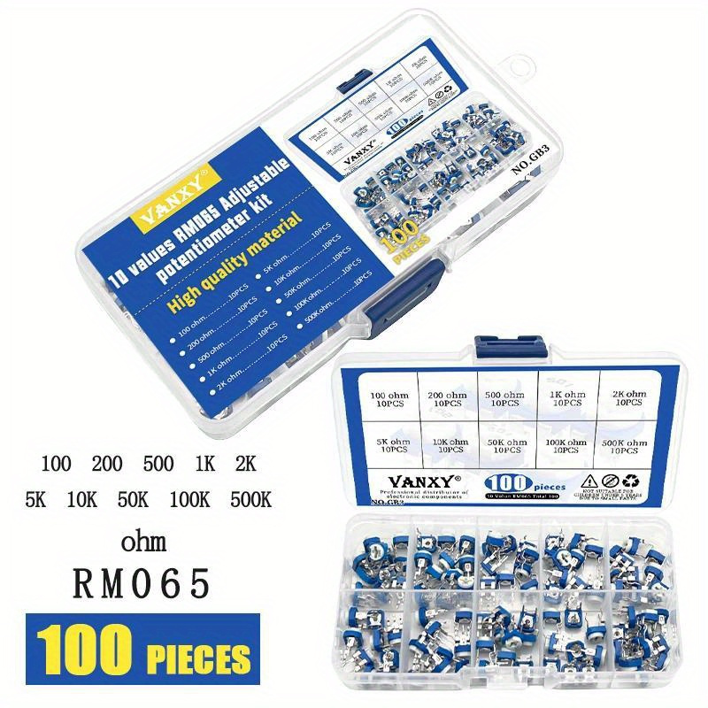 10 Values Rm065 Adjustable Potentiometer Kit 100 200 500 1k 2k 5k 10k 50k 500k Ohm 200r 500r 101 201 501 102 202 502 103 503 104 504 Total 100pcs