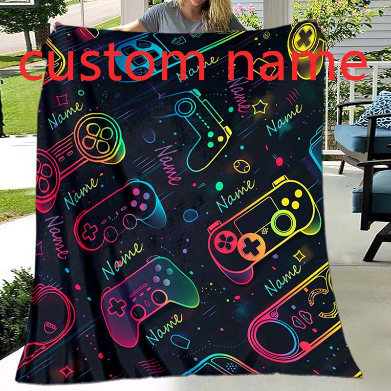 

Personalized Gaming Controller Flannel Throw Blanket - Custom Name Polyester Weave, Digital Print, Lightweight All-season Comfort For Sofa, Bed, Travel, Contemporary Style, Animal Themed, 200-250gsm