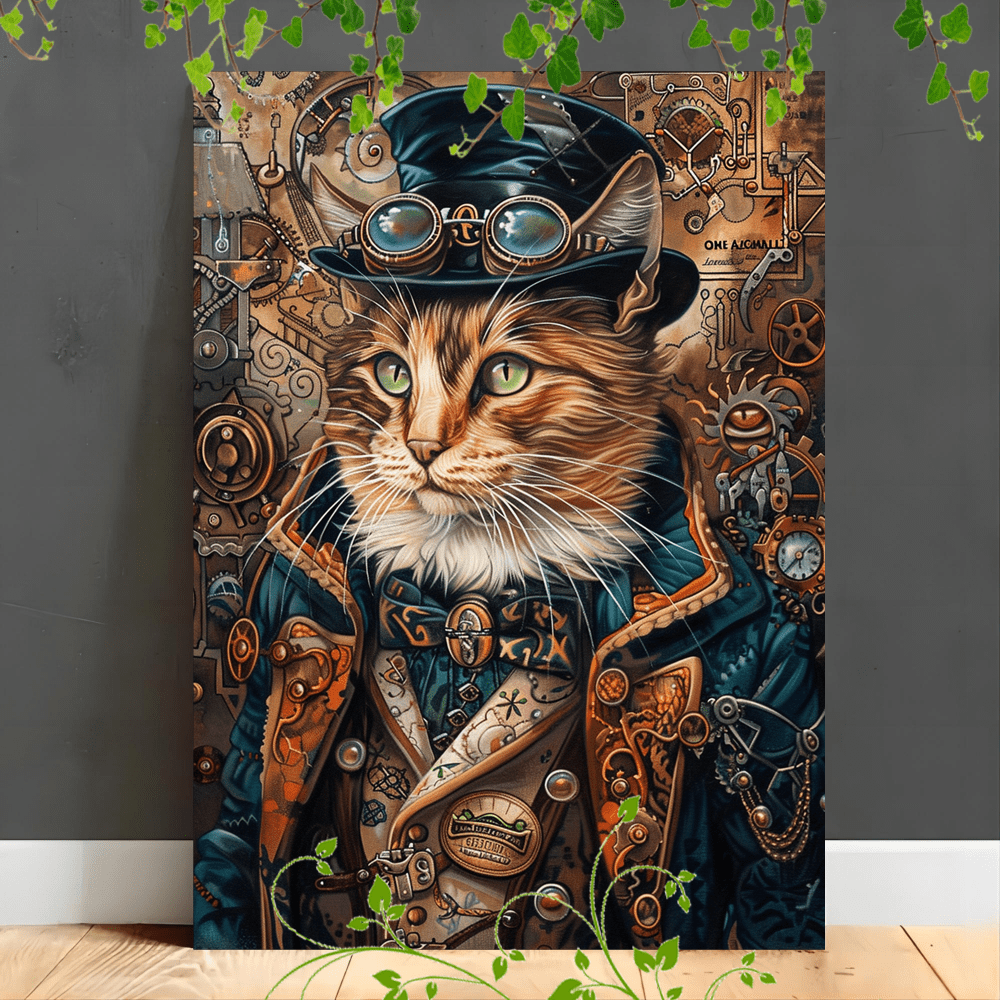 

1pc Wooden Framed Canvas Painting Artwork Very Suitable For Office Corridor Home Living Room Decoration Steampunk Cat, Top Hat With Goggles, Ornate Jacket, Mechanical Accessories, Detailed Background