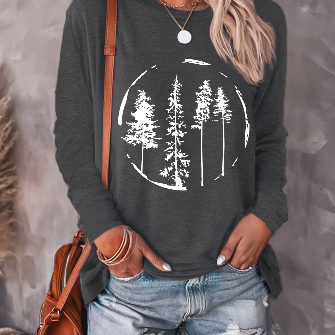 

Trees Print T-shirt, Long Sleeve Crew Neck Casual Top For Spring & Fall, Women's Clothing