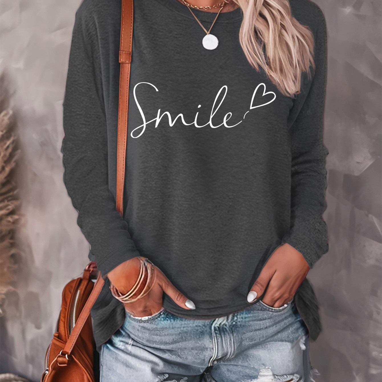 

Smile & Heart Print Casual T-shirt, Crew Neck Long Sleeve Top For Spring & Fall, Women's Clothing