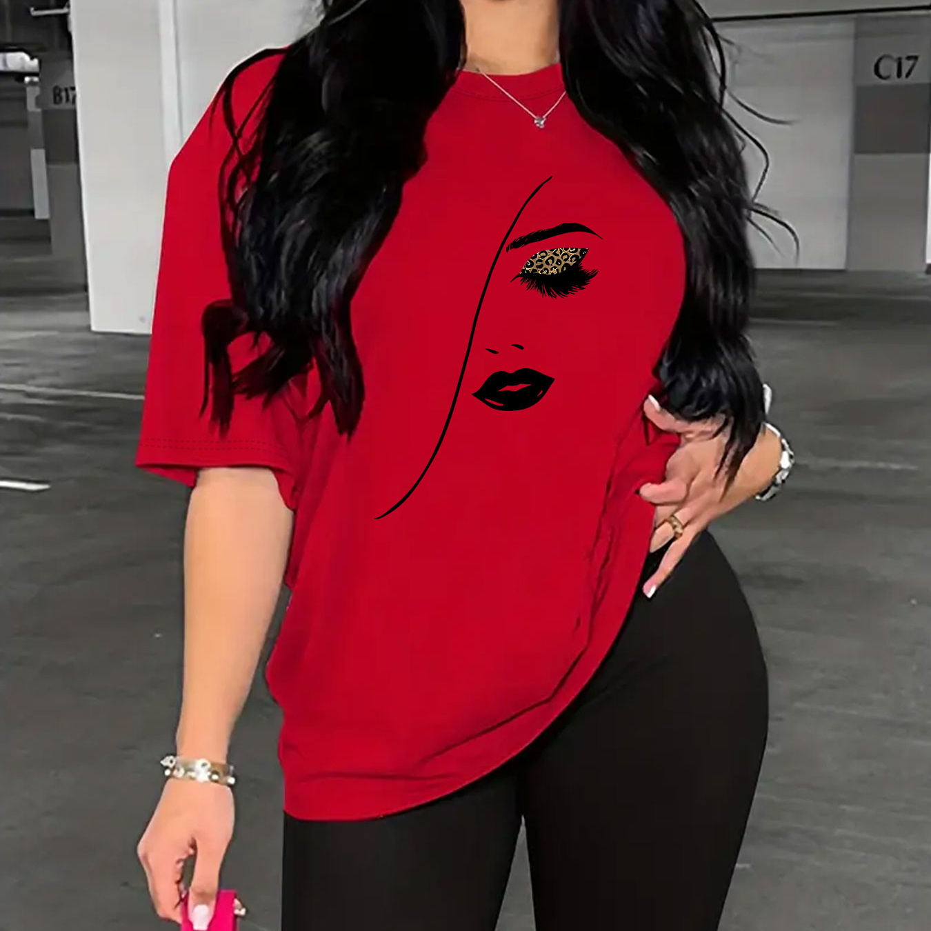 

Face Print 2 Piece Set, Short Sleeve T-shirt & Short Leggings, Women's Clothing