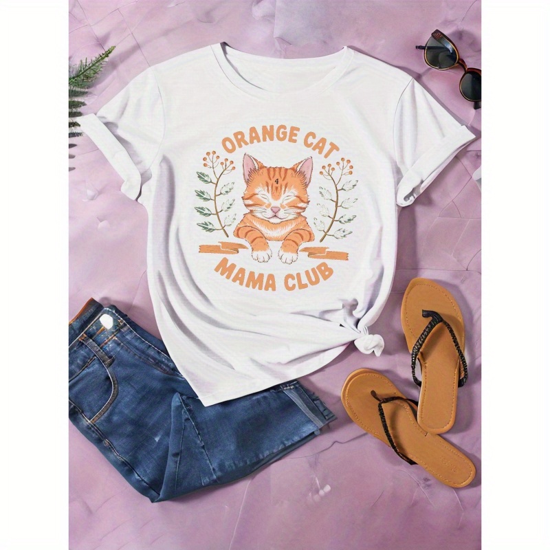 

Floral & Orange Cat Print T-shirt, Casual Crew Neck Short Sleeve T-shirt For Spring & Summer, Women's Clothing