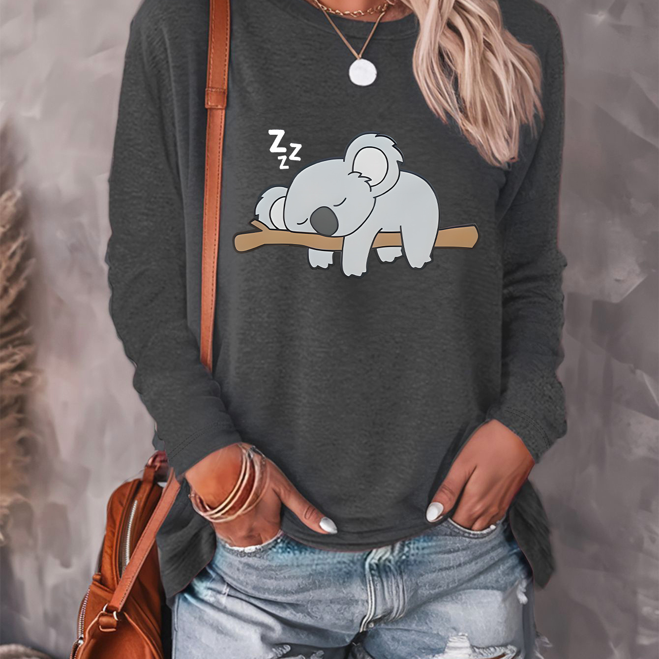 

Koala Print T-shirt, Long Sleeve Crew Neck Casual Top For Spring & Fall, Women's Clothing