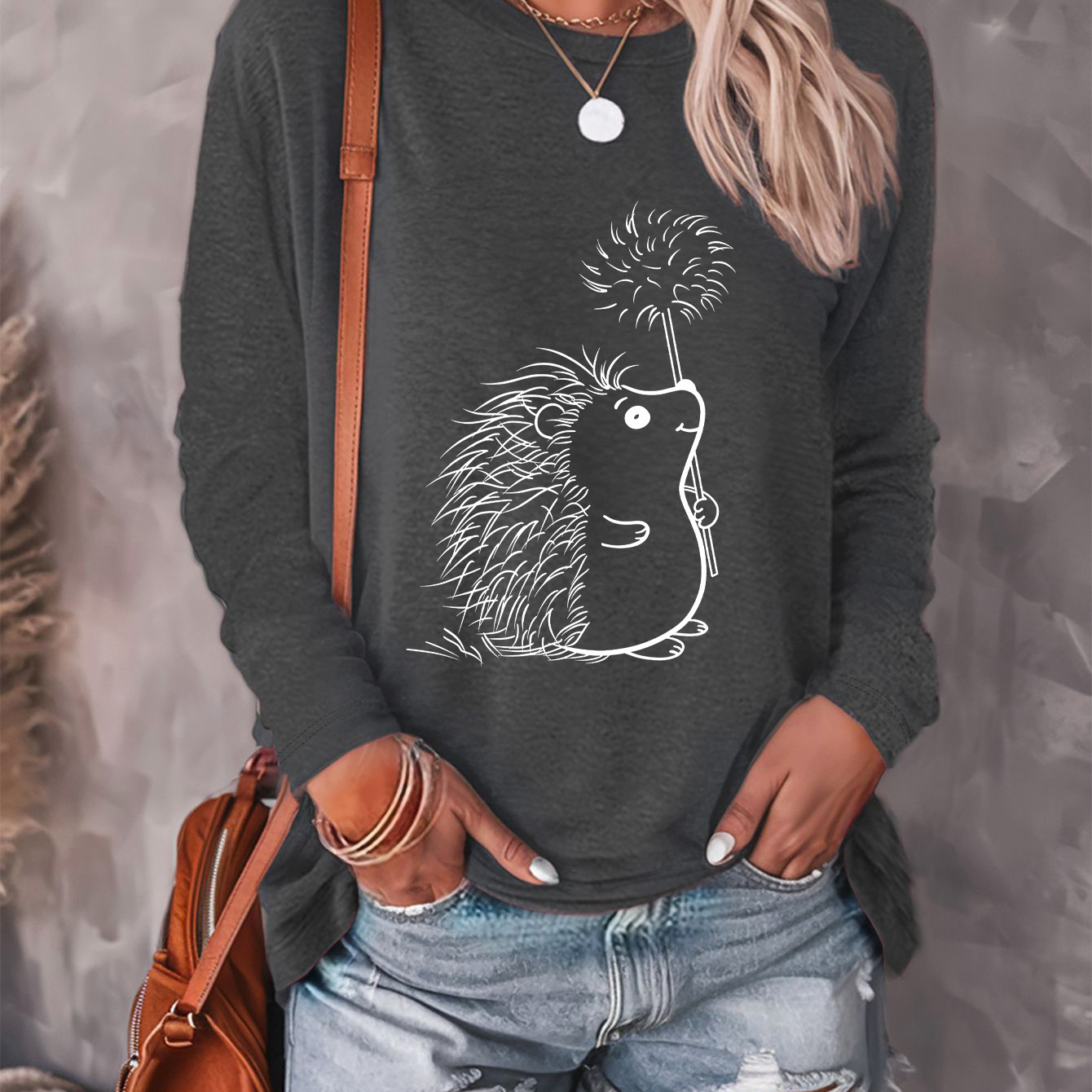 

Hedgehog Print T-shirt, Long Sleeve Crew Neck Casual Top For Spring & Fall, Women's Clothing