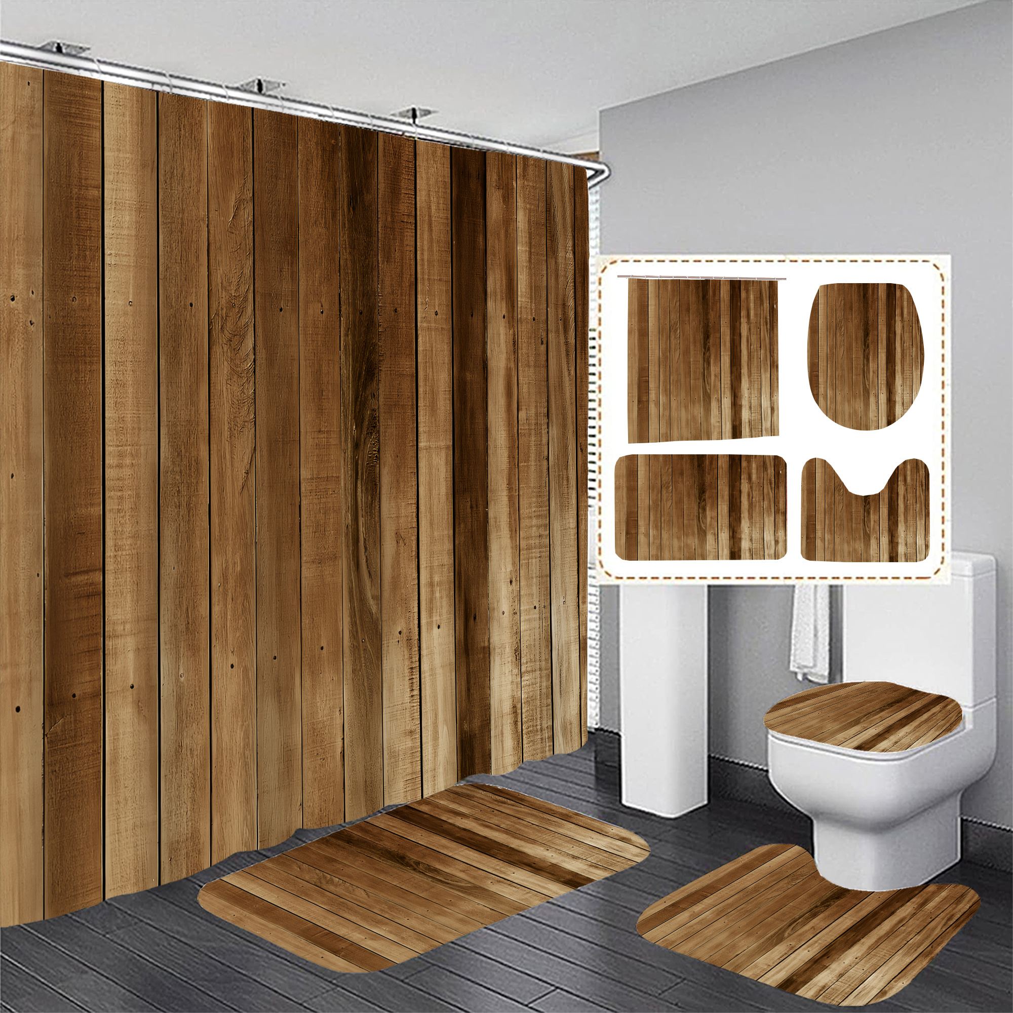 

1pc/3pcs Wood Bathroom Curtain + Mat Set, 12 , Polyester , Bathroom Mat, U-shaped Mat, Mat, Bathroom , Decoration Accessories, Decoration, Decorative Hanging Curtain