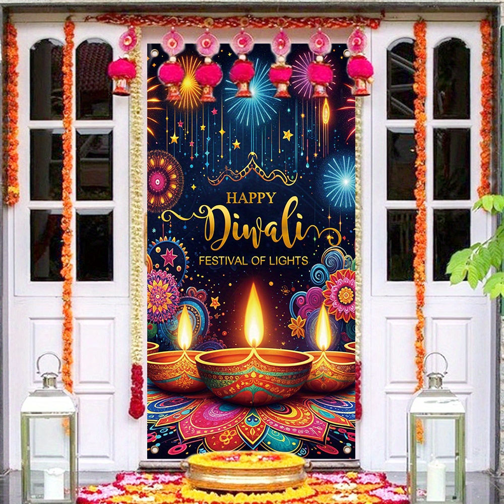 

Diwali Festival Of Lights Polyester Banner, 1 Pc, Happy Diwali Porch Decor, Fireworks & Lotus Candle Design, Multipurpose Festive Photographic Background, Indian Light Festival Party Supplies