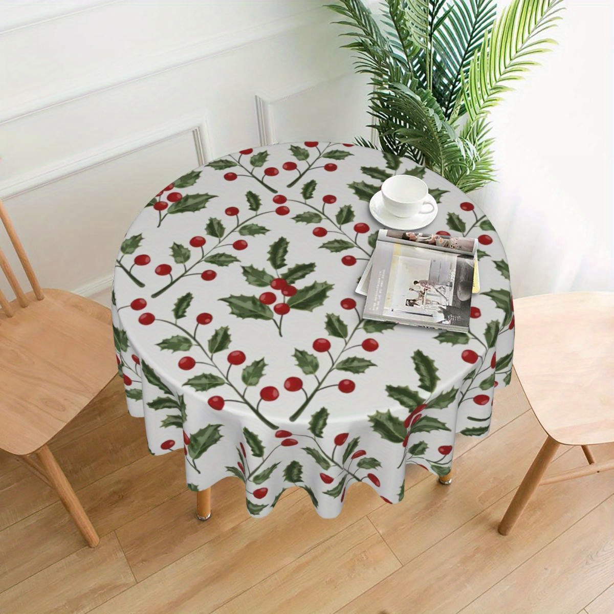 

Festive Christmas Holly And Berry Tablecloth: 180cm/70.87in, Waterproof, Oil-resistant, Heat-resistant, Machine-made, Round, Polyester