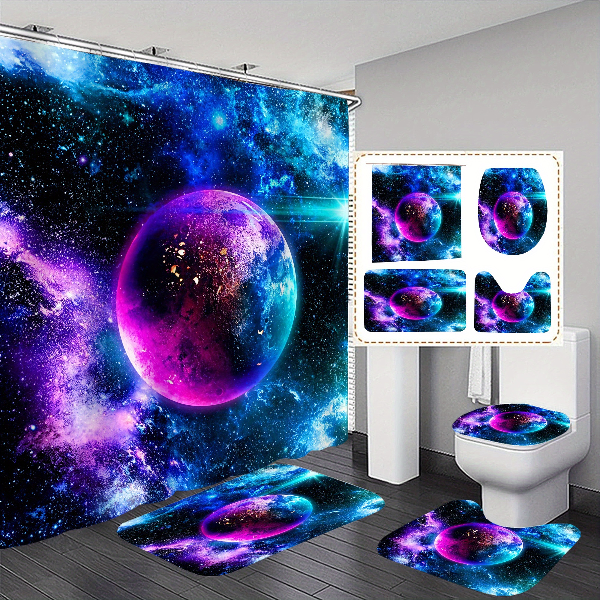 

For Earth Bathroom Set - 1 Or 3pcs Curtain + , Includes 12 , & , Lid & U-shaped Rug,