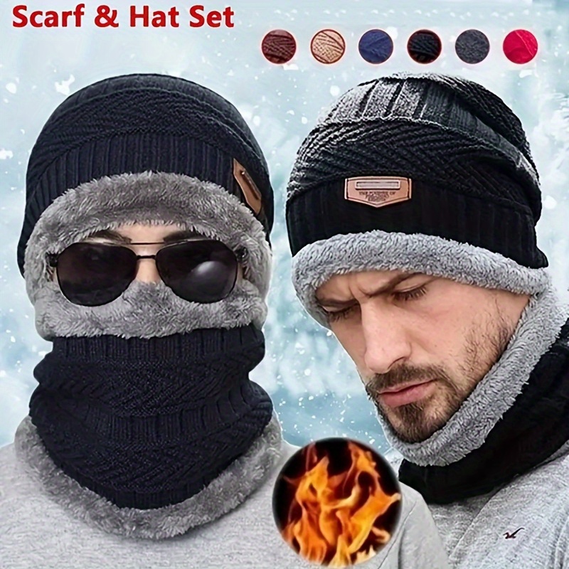 

Men's Cozy Knit Beanie And Scarf Set - Thick, Warm Fleece-lined Winter Accessories, Solid Color Sweaters For Men Winter Clothes For Men