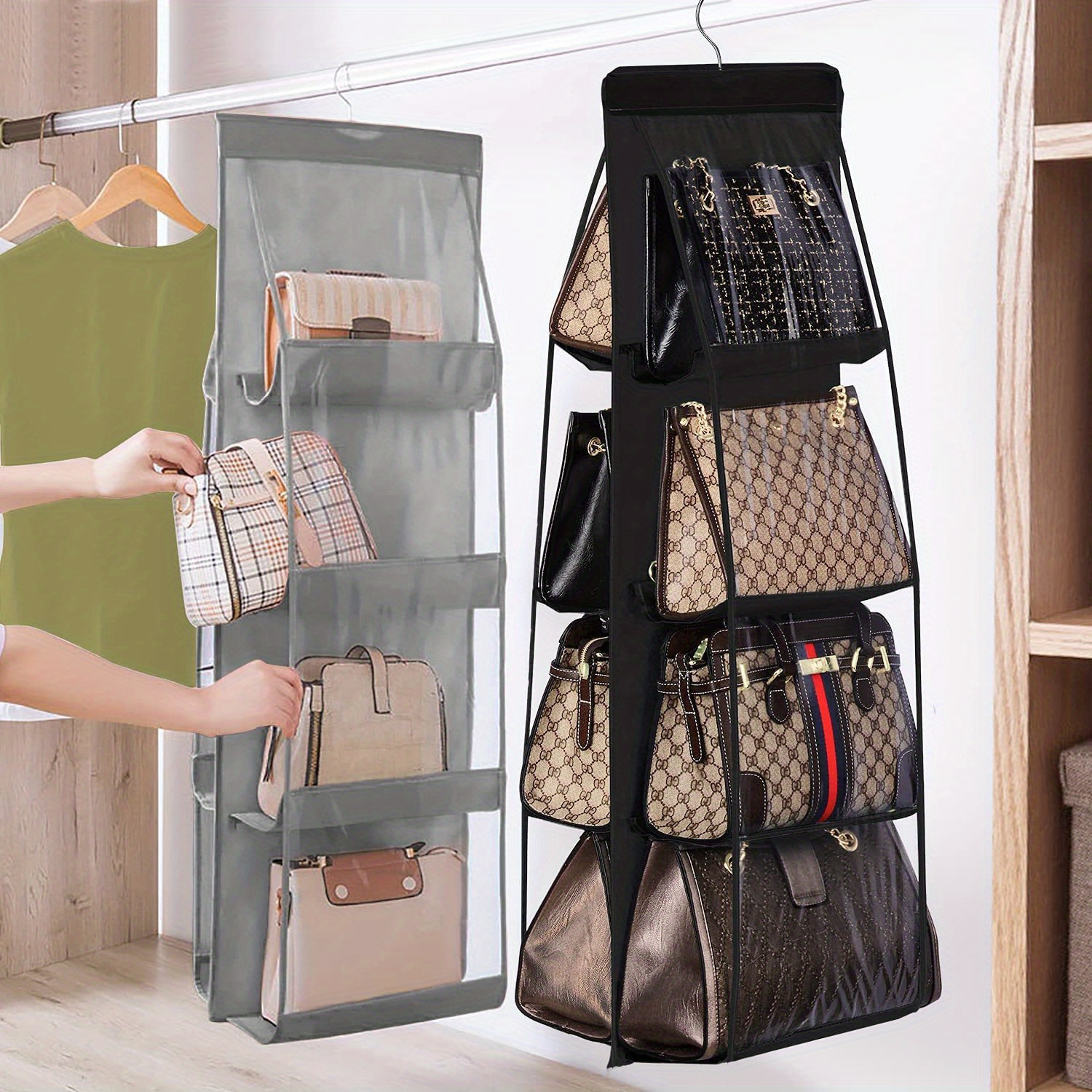 

8-pocket Hanging Handbag Organizer, Fragrance-free Oxford Cloth Storage Holder, Space-saving Foldable Wardrobe Purse Rack