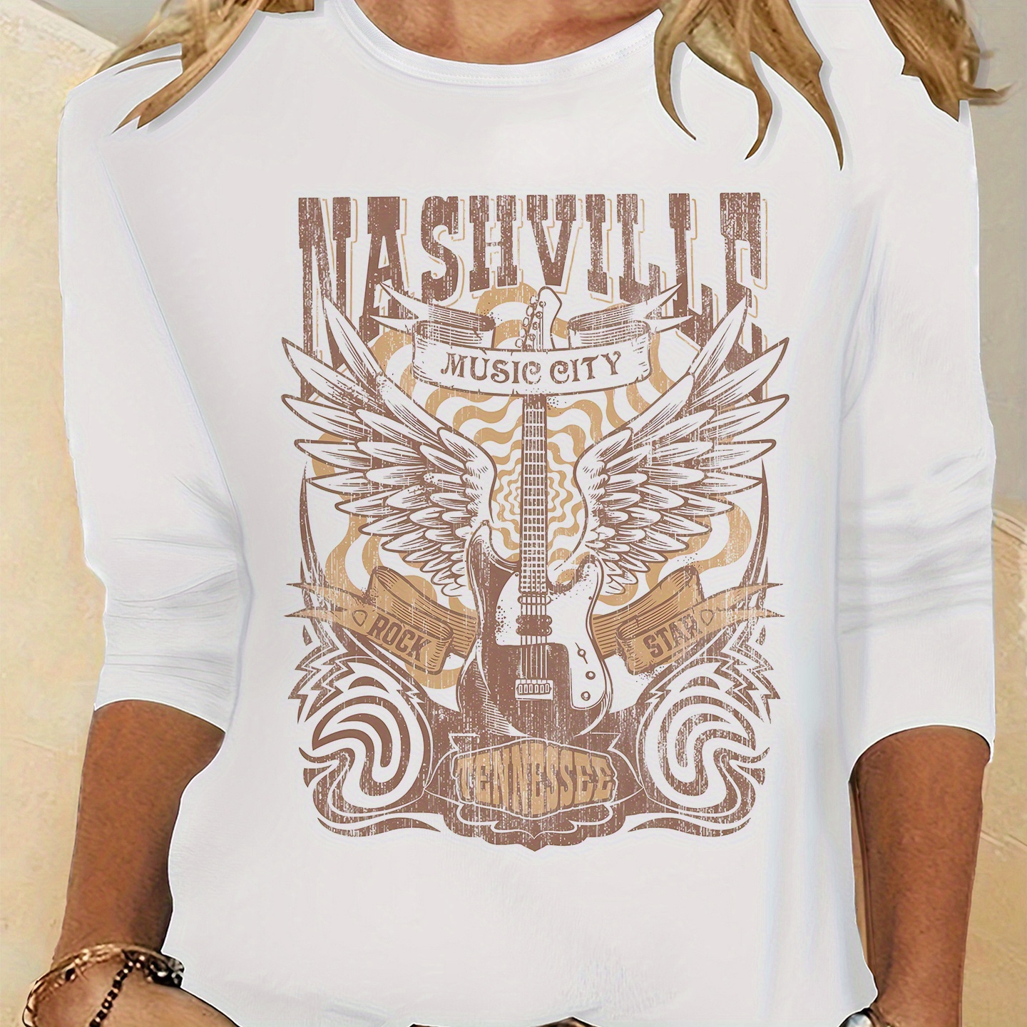 

Women's Nashville Country Music Graphic Long Sleeve T-shirt - Polyester Knit Fabric With Spandex, Elegant Crew Neck Top, Regular Fit, Fall/