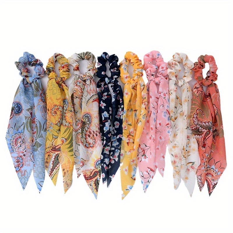 

8pcs Women's Chic Knotted Scrunchies - Sweet & Simple Solid Color Hair Ties With Floral Chiffon Bow Accents, Soft Fabric Scarf Hair Accessories In Assorted Designs