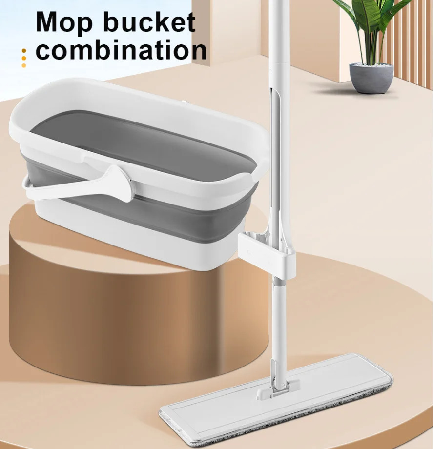 flat mop and bucket set with self wringing system dual use wet and dry mopping for household floors space saving   room bedroom bathroom and kitchen cleaning details 0