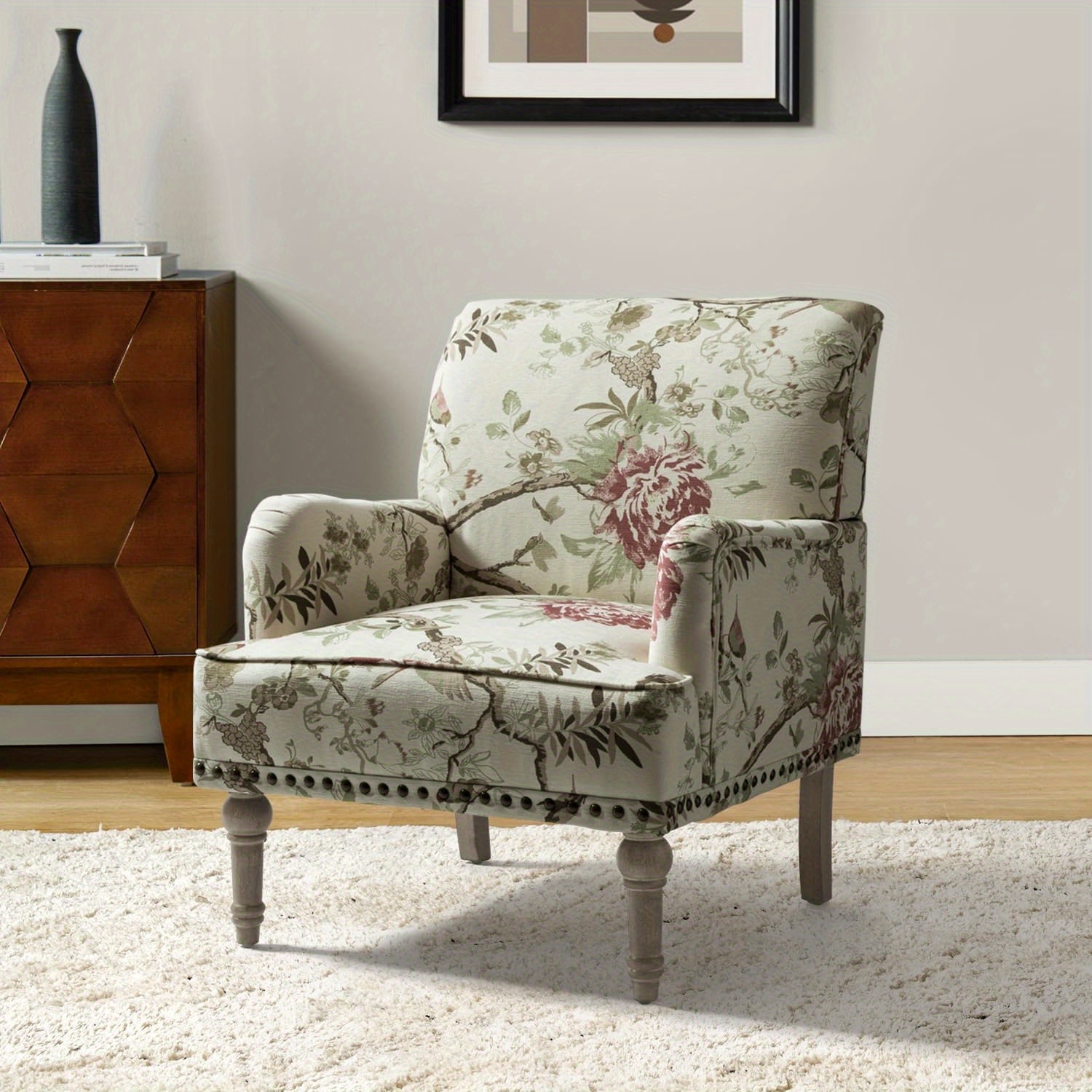 

Modern Armchair With Wooden Legs & Nailhead Trim, Comfy Upholstered Accent Chair For Living Room Bedroom (floral Patterns, Floral)