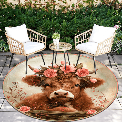 adorable highland cow printed round rug 80cm x 80 decoration carpet outdoor rug living room carpet non slip rugs 800g velvet not waterproof
