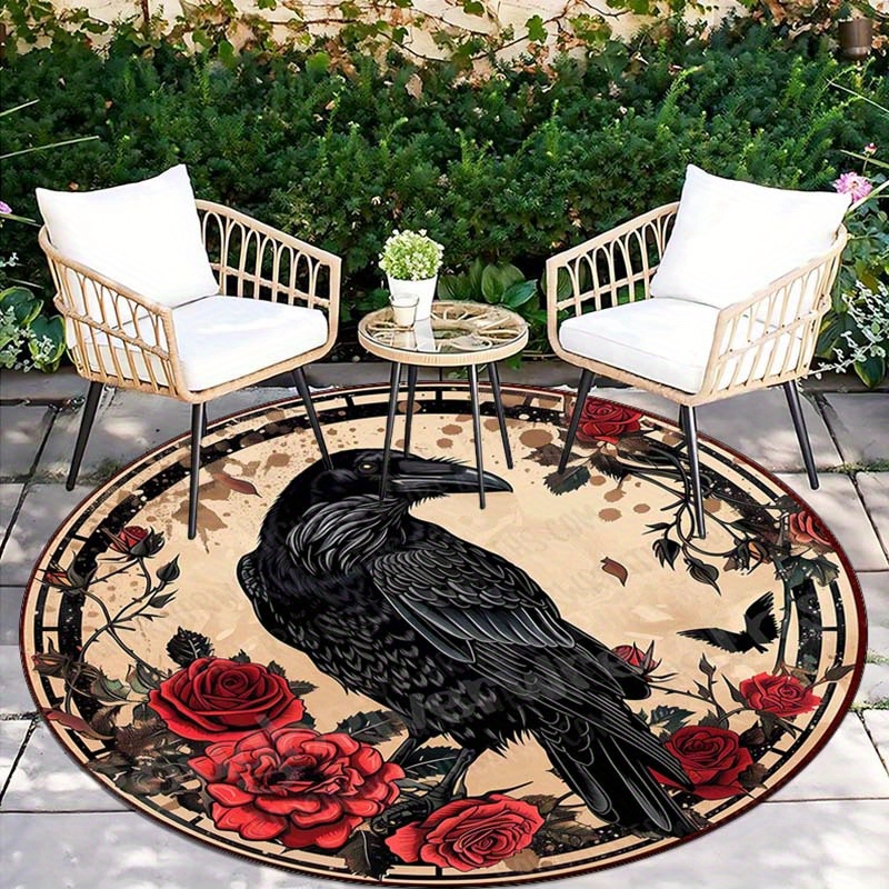 

Vintage Crow And Rose Print Round Rug - Polyester Non-skid Decorative Carpet For Living Room And Outdoor Use - 800g/m2 Crystal Velvet Lightweight Mat