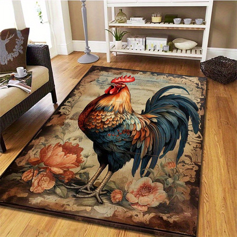 

Vintage Rooster And Floral Oil Painting Style Artistic Pattern Carpet - Office Chair Carpet Decorative Holiday Gift - 800g/m2