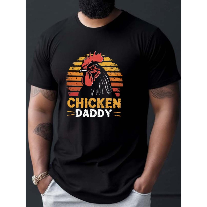 

Chicken Daddy Rooster Illustration Vintage Design Print, Men's Round Crew Neck Short Sleeve Casual T-shirt, Comfy Lightweight Top For Summer Daily Wear