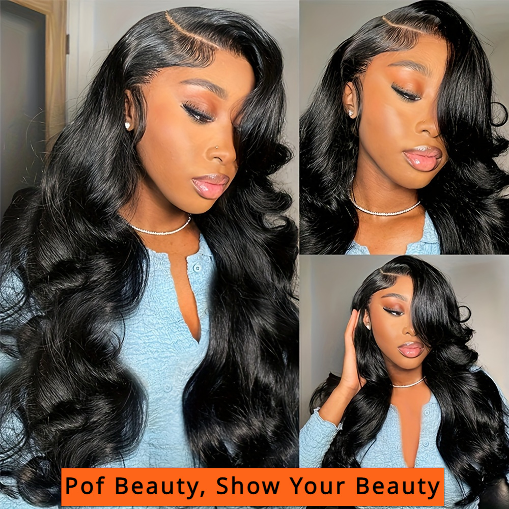 TEMU 13x4 Transparent Lace Front Wig Brazilian Human Hair 200% Density Body Wave Pre- Natural Black Color Breathable Lace Frontal Wig For, Styling , Elegant