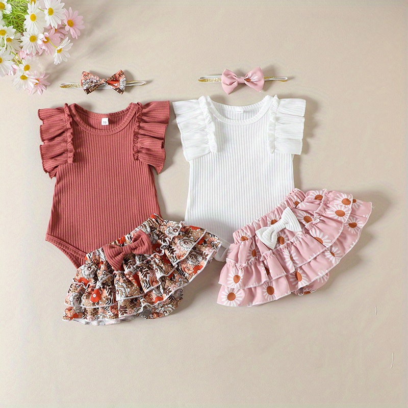 

Baby Girls Summer Sweet Outfit Sets Ruffle Sleeve Round Neck Ribbed Romper + Floral Culottes + Headband