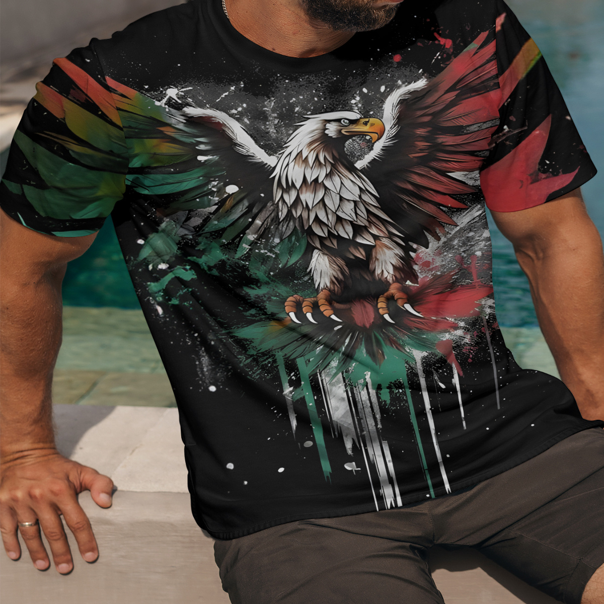 

Men's Eagle Graphic Print T-shirt, Short Sleeve Crew Neck Tee, Men's Clothing For Summer Outdoor