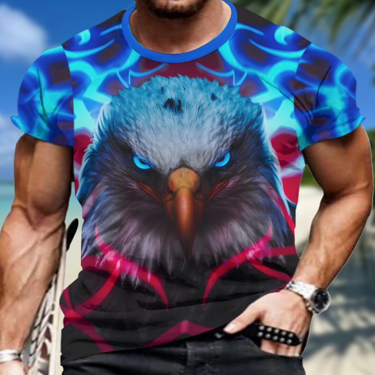 

Men's Eagle Graphic Print T-shirt, Short Sleeve Crew Neck Tee, Men's Clothing For Summer Outdoor