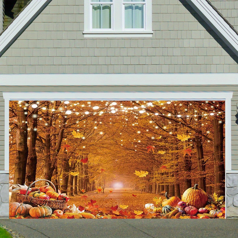 

Autumn Harvest Thanksgiving Garage Door Banner, Durable Polyester, No Feathers, No Electricity Needed, Easy Hanging, Festive Autumn Leaf And Pumpkin Design, Universal Fit For Outdoor Decor