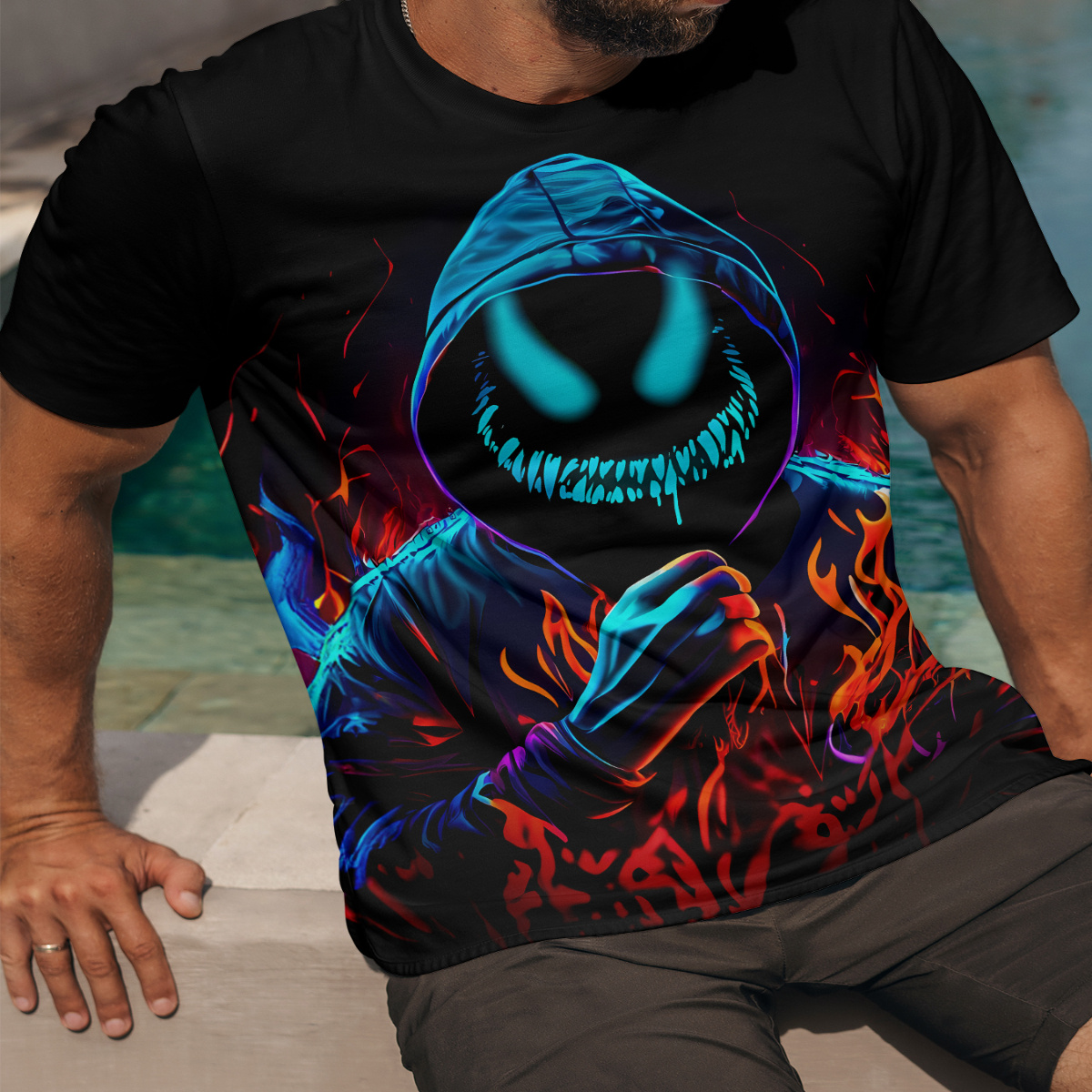 

Men's Fire Graphic Print T-shirt, Short Sleeve Crew Neck Tee, Men's Clothing For Summer Outdoor