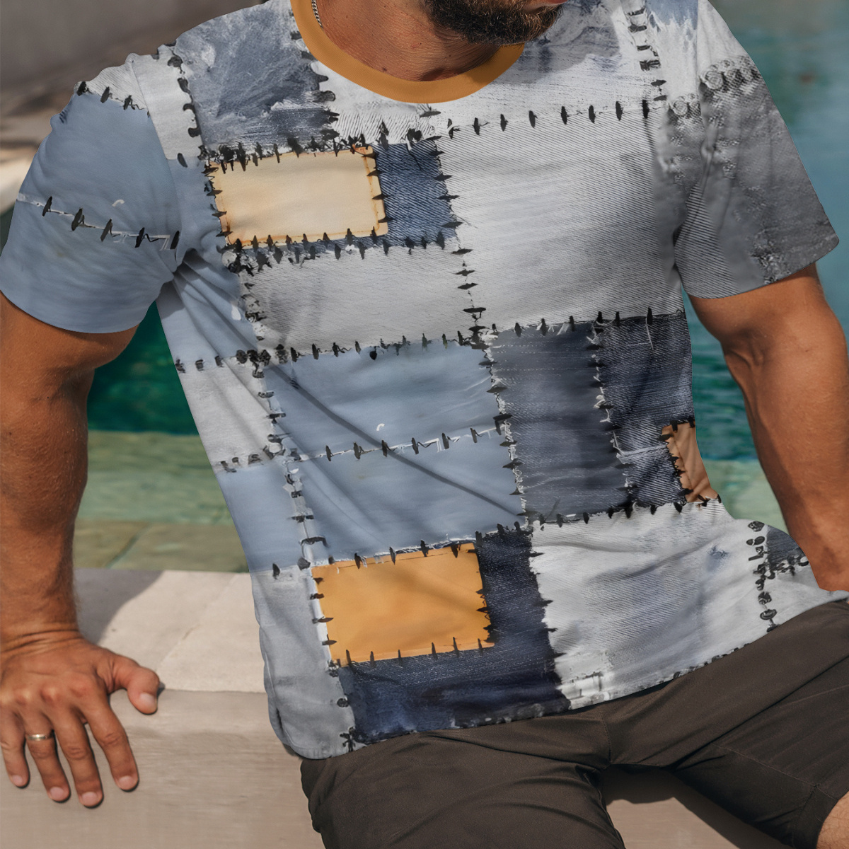 

Men's 3d Patch Graphic Print T-shirt, Short Sleeve Crew Neck Tee, Men's Clothing For Summer Outdoor