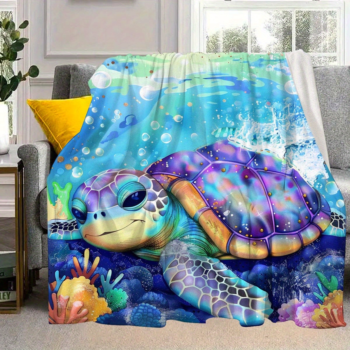 

Colorful Sea Turtle Print Flannel Throw Blanket - 100% Polyester Knitted Soft Warm Nap Wrap For Couch, Office, Bed, Camping, Travel - Contemporary Stain Resistant Multipurpose All-season Gift Blanket