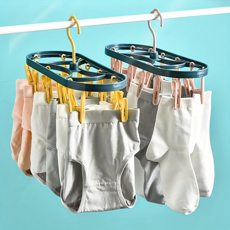 

1pc Plastic Clothes Hanger With 12 Windproof Clips - Multipurpose Drying Rack For Underwear, Socks, And Small Garments - Compact And Efficient Storage Solution