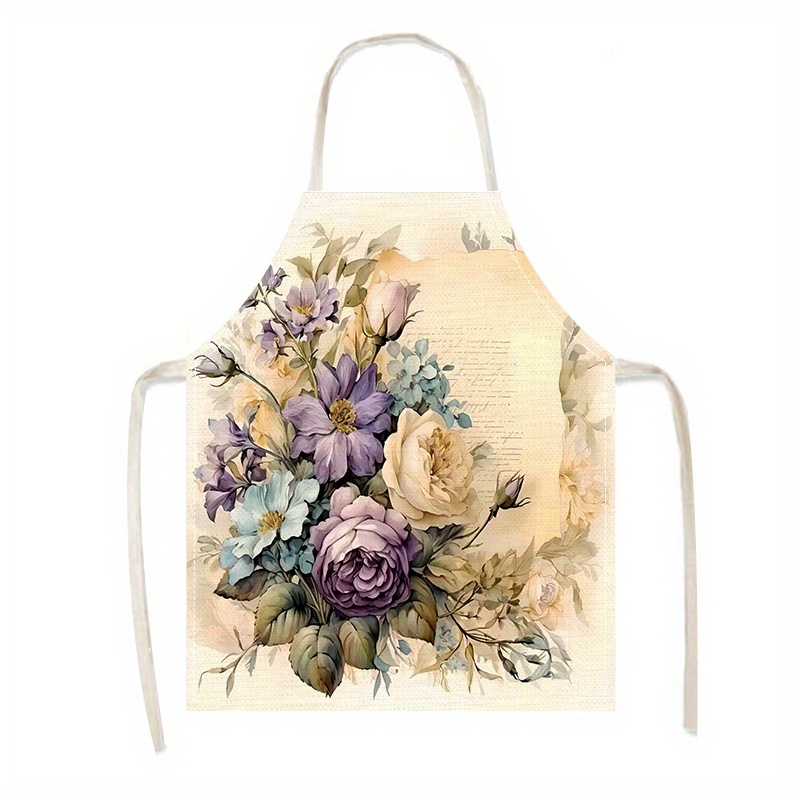 

Vintage Floral Print Kitchen Apron - 100% Linen Woven Cooking Bib For Men And Women - Jit1pc Retro Flower Pattern Durable Linen Apron For Home And Kitchen Use, Stain-resistant Unisex Design