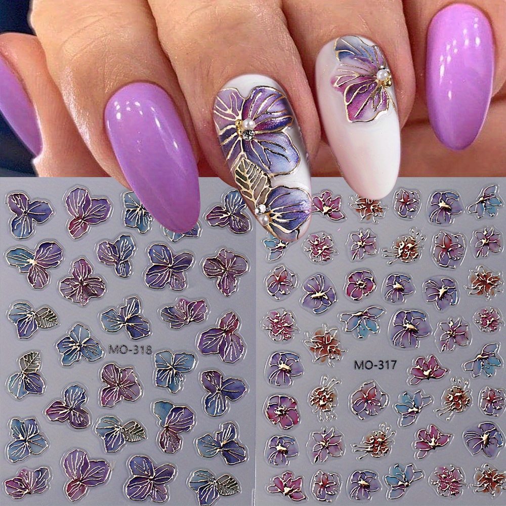 

2-piece 5d Embossed Purple Floral Nail Art With Metallic Edge - Easy Apply Self-adhesive Decals For Elegant Manicures, Ideal For Home & Salon Use Floral Nail Decorations For Enhanced Nails