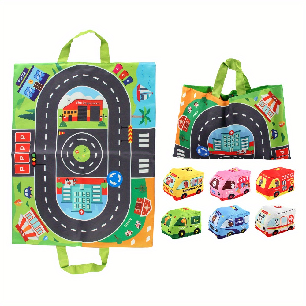 Image of A Set Of Plush Toy Cars And Animals, Complete With A Play Mat, Bag, Interactive Rattles, And Early Education Toys