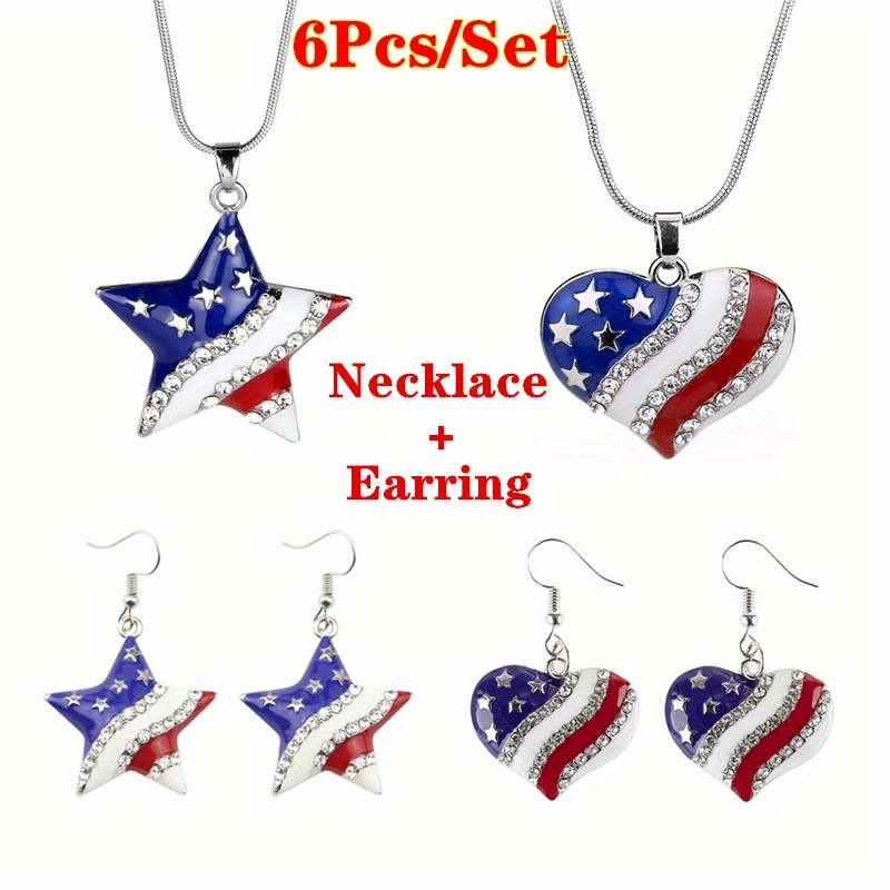 

6 Pcs/set Of Dazzling Independence Day Heart-shaped Zircon Dangle Earrings - American Flag Pattern, Hypoallergenic, Nickel-free, Perfect Gift For Women