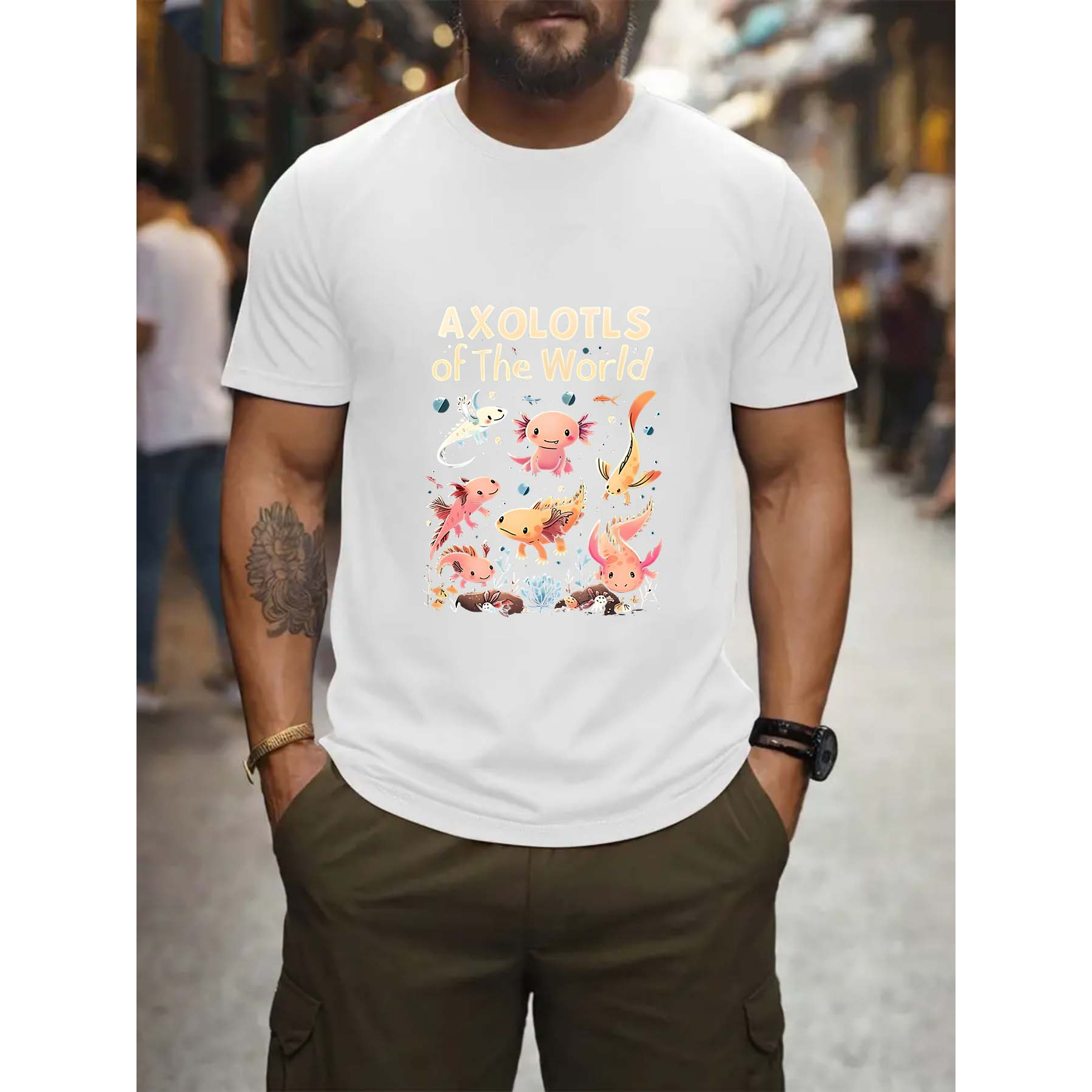 

Men's Casual Axolotl Graphic T-shirt - Cute Cartoon Design, Polyester, Crew Neck, Machine Washable, Trendy Short Sleeve