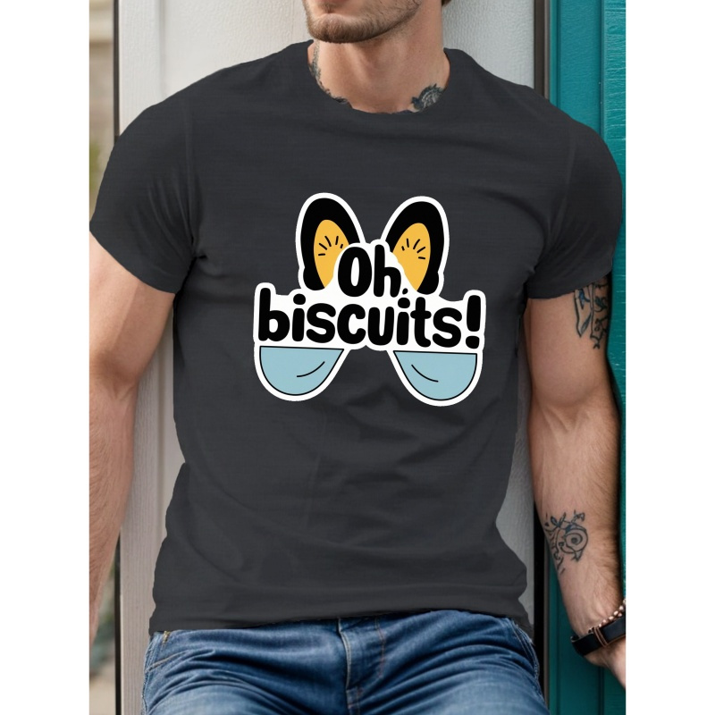 

'oh Biscuits' Illustration Print Short Sleeved T-shirt, Casual Comfy Versatile Tee Top, Men's Leisure Everyday Spring/summer Clothing