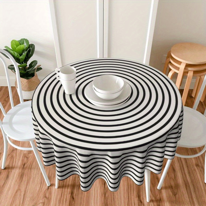 

Modern Geometric Striped Print Round Tablecloth, 1pc, 100% Polyester, Machine Washable, Stain Resistant Woven Cover, Ideal For Kitchen Dining Party Decor, Festive Gift