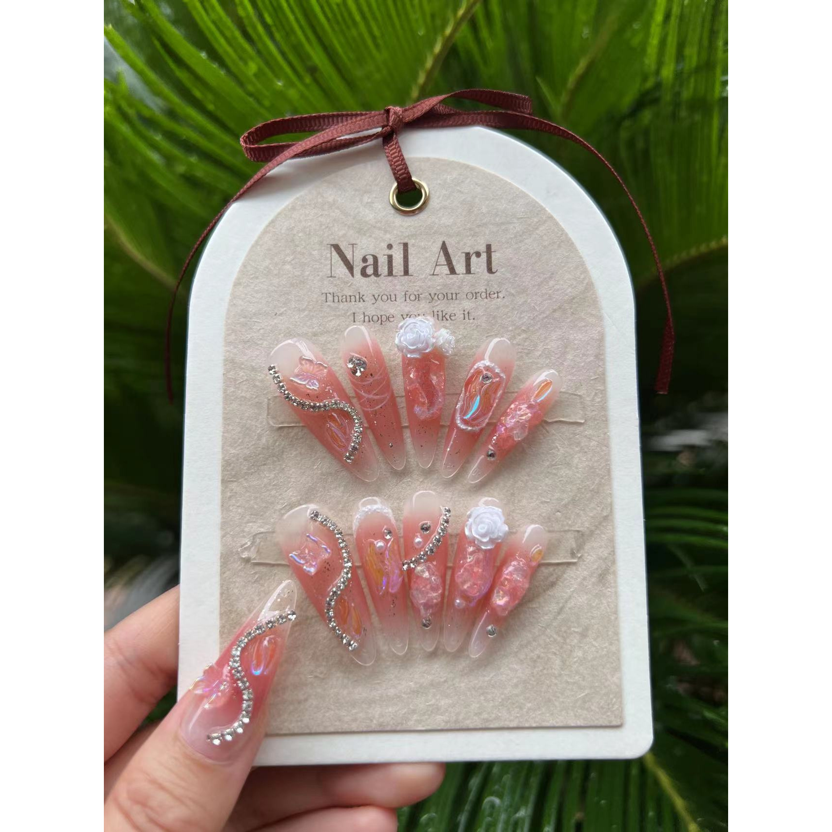 

10 Pcs Handmade Press-on Nails: Extra Long Coffin Shape, Glossy Ballerina Design, Sparkling False Nails For Women - Pink Hues, Flowers, And Rhinestone Details