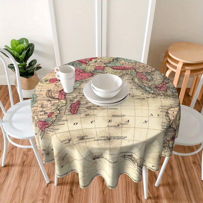 

Vintage Map Print Round Tablecloth - Stain-resistant, Washable Microfiber For Kitchen & Dining Room Decor, Holiday Parties & Gifts