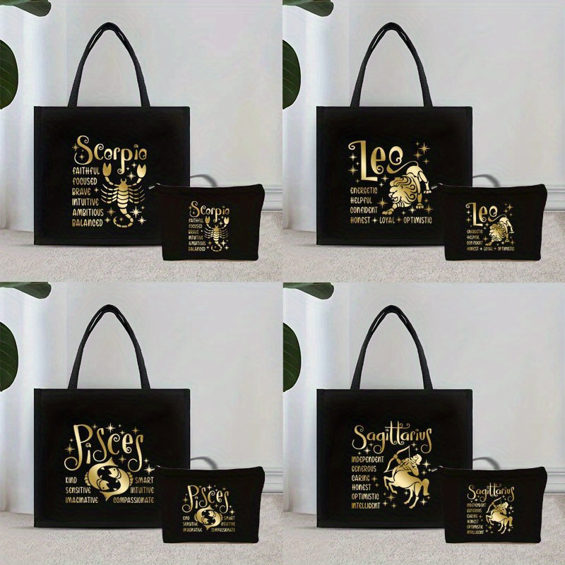 

Zodiac-inspired 2pcs Tote Bag Set - Lightweight Burlap Shopping & Beach Bag With Matching Makeup Pouch, Black