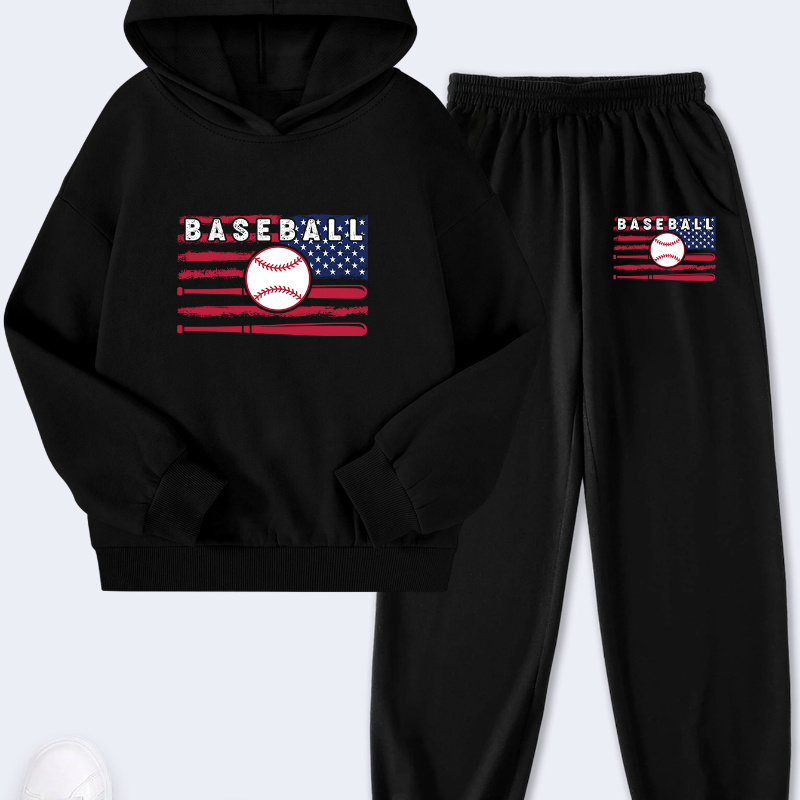 

American Flag And Baseball Graphic Print Boys Sport Casual Sets, Comfortable Soft Slight Stretch Casual Versatile Round Neck Long Sleeves Hoodie And Pants Suit