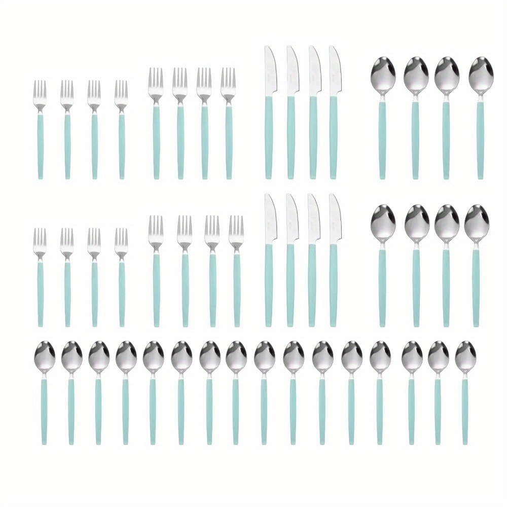 

49 Piece Stainless Steel And Plastic Flatware Set With Tray, Teal Blue, Service For 8