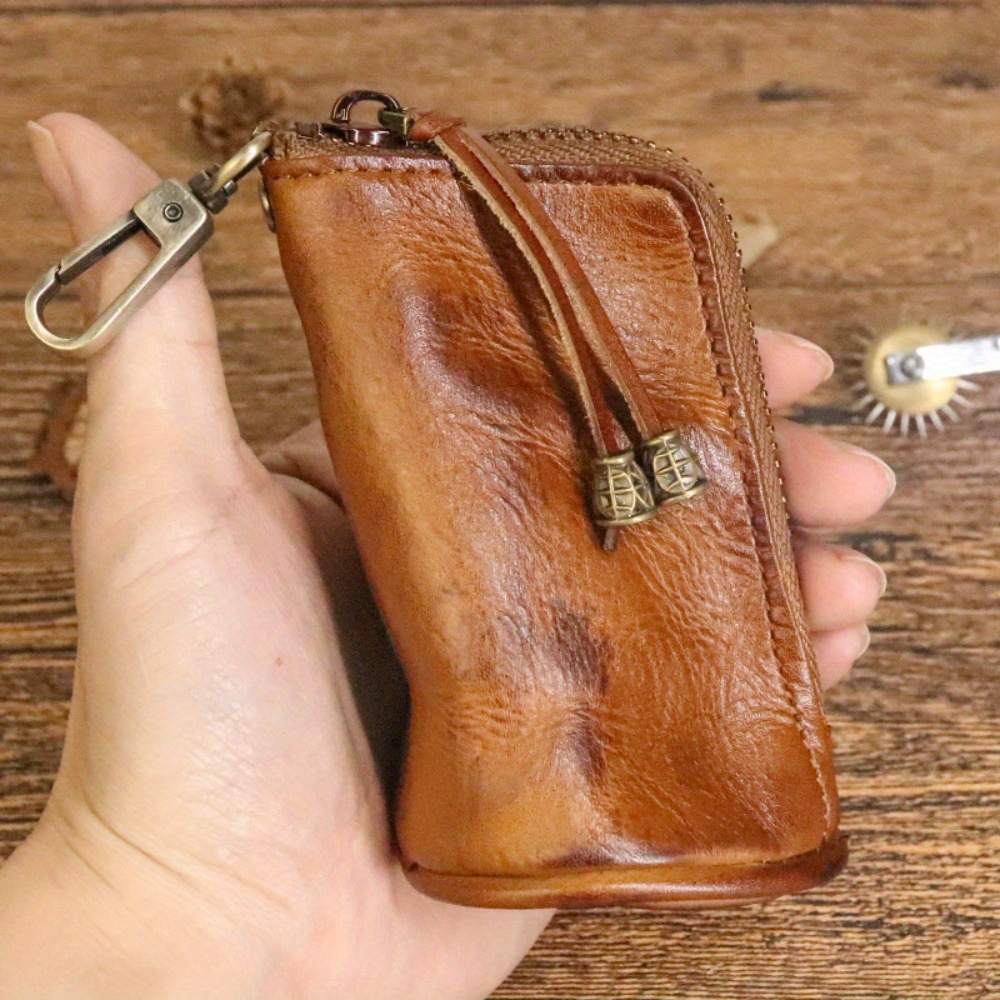 

Vintage Leather Coin Purse And Key Pouch For Men, Large Capacity Top Layer Cowhide Multifunctional Zipper Key Holder With Waist Hanging Clip